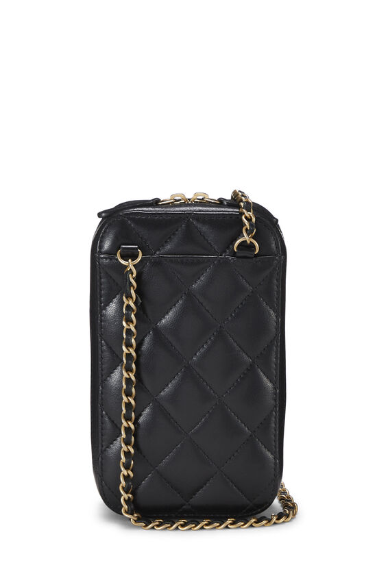Chanel Lambskin Patent Quilted Phone Holder Wallet with Chain Black