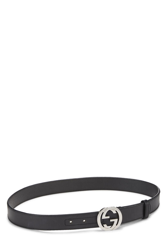 Black Leather Interlocking GG Belt, , large image number 1