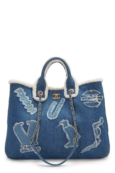 Paris-Egypt Blue Denim & Shearling Hieroglyph Shopping Tote