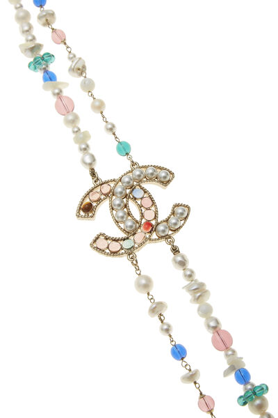 Faux Pearl & Multicolor Beaded 'CC' Necklace Long, , large