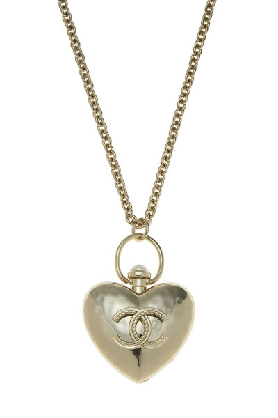 Gold 'CC' Hammered Heart Locket Necklace Extra Large, , large