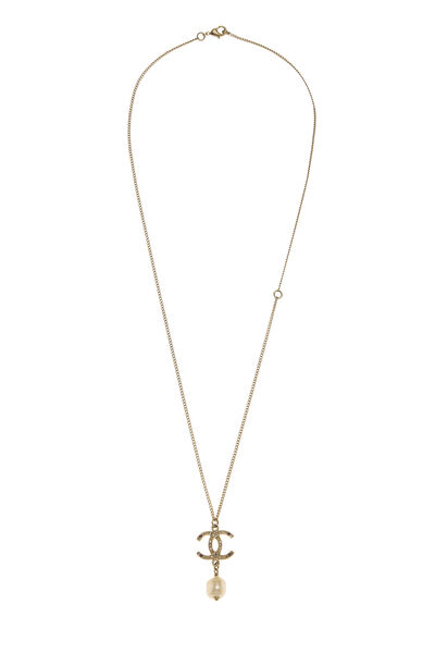 Gold Faux Pearl 'CC' Dangle Necklace Small