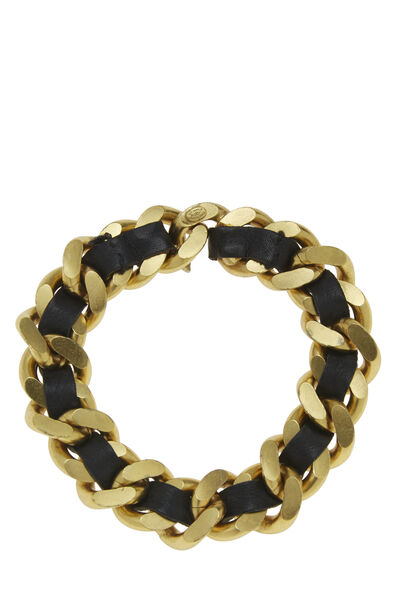 Gold & Black Leather Chain Bracelet, , large