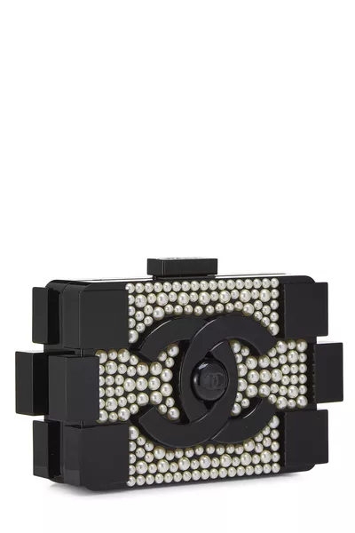 Black Plexiglass Faux Pearl Boy Brick Clutch, , large