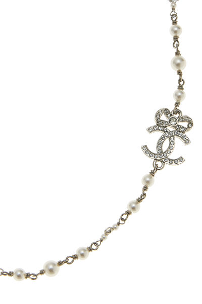 Silver & Faux Pearl Crystal 'CC' Necklace , , large
