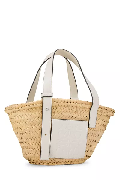 White Raffia Anagram Basket Bag Small, , large