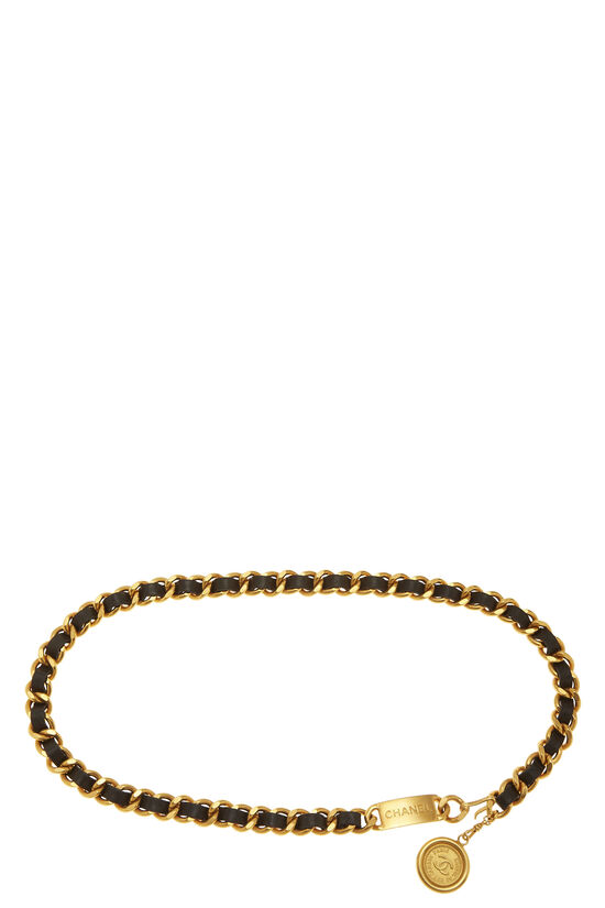 Gold & Black Leather 'CC' Medallion Chain Belt, , large image number 0