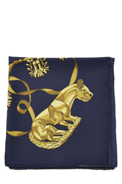 Navy & Multicolor 'Les Cavaliers D'Or' Silk Scarf 90, , large