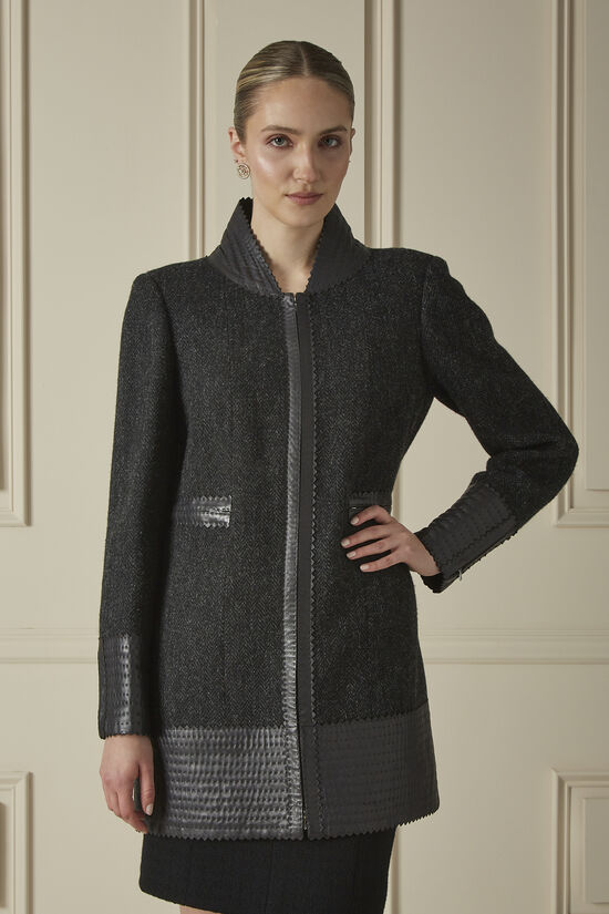 Grey Herringbone Wool Leather Trim Coat, , large image number 0