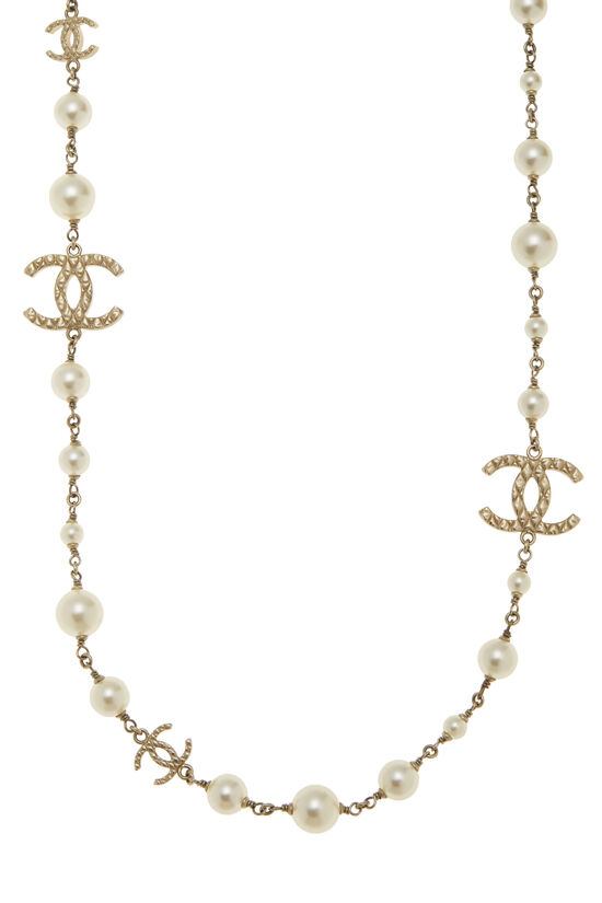 Gold Chain & Faux Pearl 'CC' Necklace, , large image number 1