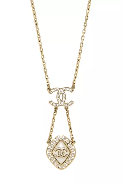 Gold Faux Pearl & Crystal 'CC' Necklace, , large