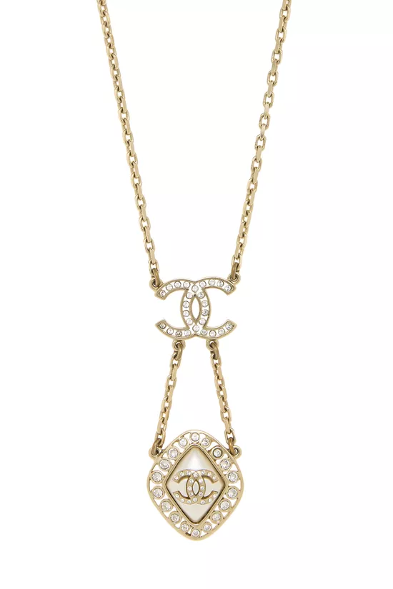 Gold Faux Pearl & Crystal 'CC' Necklace, , large image number 1