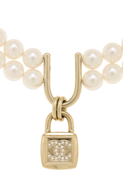 Gold Faux Pearl 'CC' Padlock Necklace, , large