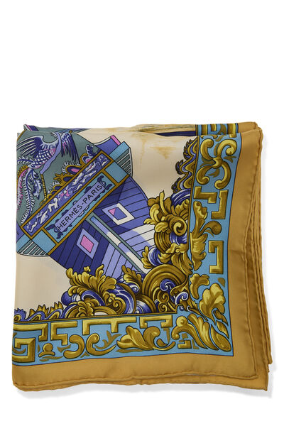 Beige & Multicolor 'Jonques et Sampans' Silk Scarf 90, , large