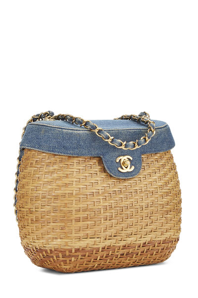 Denim & Natural Wicker Basket Bag, , large