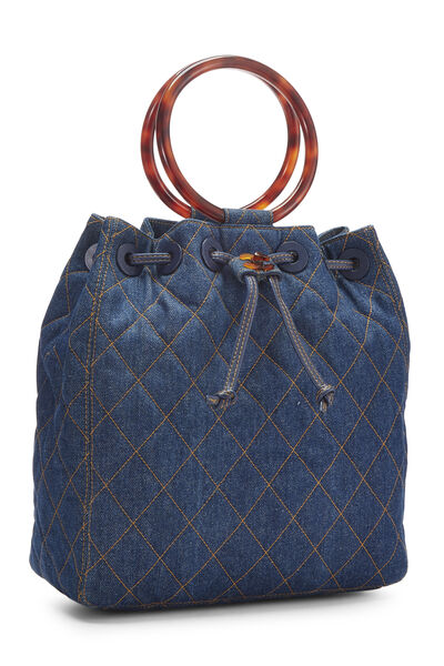 Blue Quilted Denim Circle Handle Bag, , large