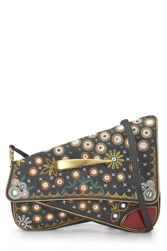 Navy Embroidered Denim Montaigne Chris 1947 Saddle Bag, , large image number 0