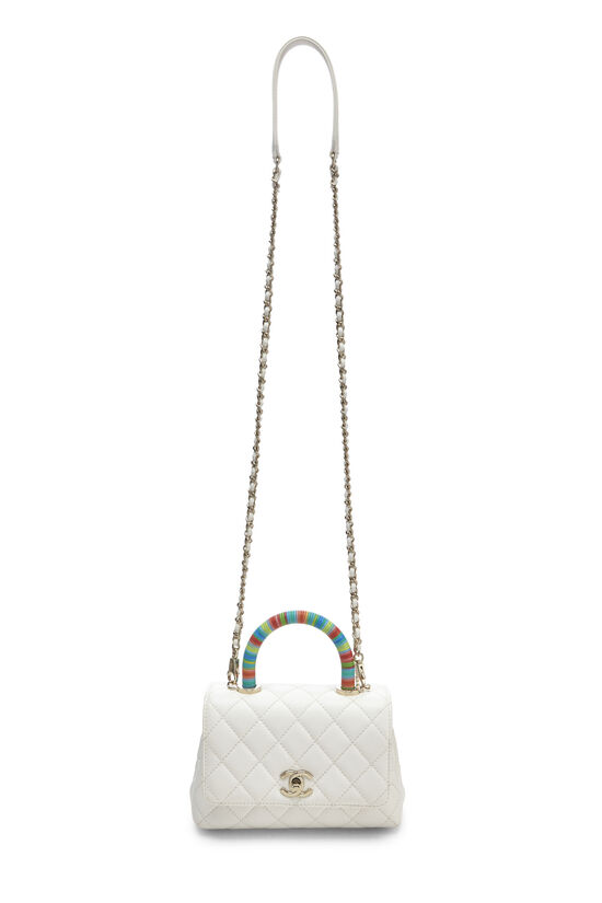White Quilted Lambskin Mini Rainbow Coco Top Handle Pale Gold Hardware, 2021