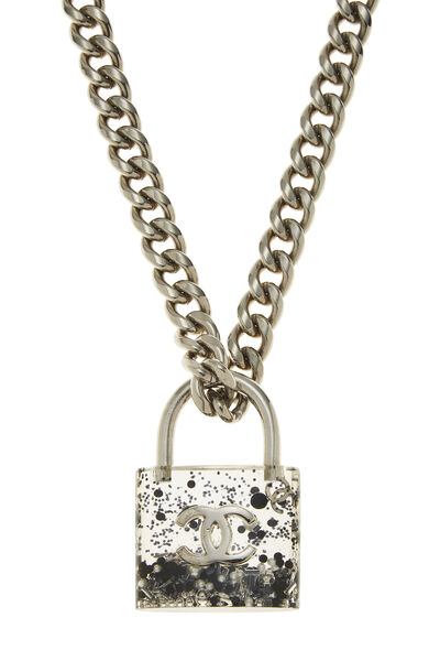 Silver & Black CC Confetti Padlock Necklace, , large