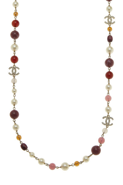 Multicolor & Faux Pearl Long Beaded 'CC' Necklace, , large