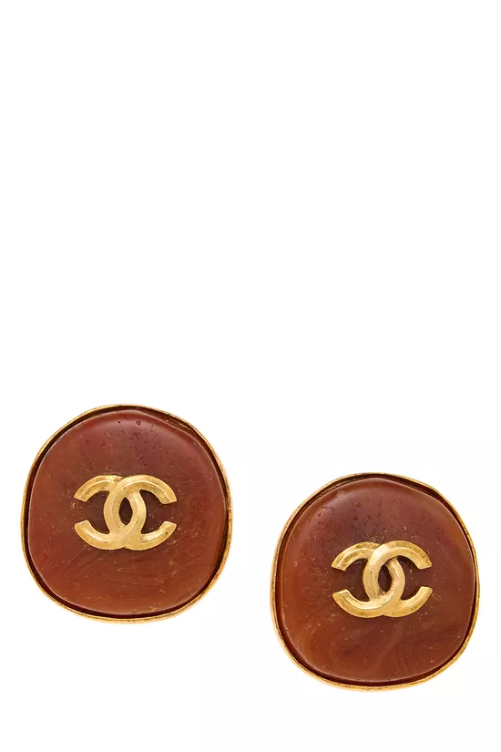 Gold Stone 'CC' Button Earrings, , large image number 0