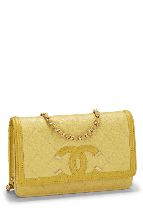 Yellow Quilted Caviar Filigree 'CC' Wallet On Chain (WOC), , large image number 1