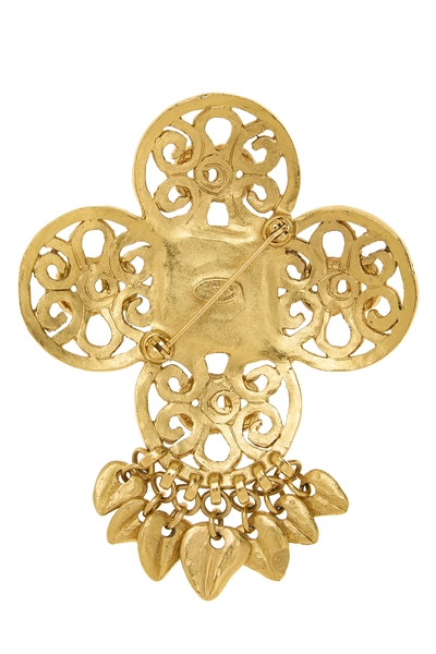 Gold Metal 'CC' Blue Stone Brooch, , large