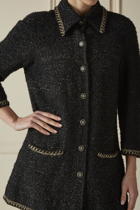 Chanel Black Wool Blend Tweed Chain Trim Coat 60CHX-034