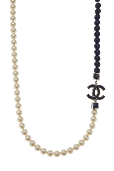 White Faux Pearl & Navy Beaded 'CC' Necklace , , large