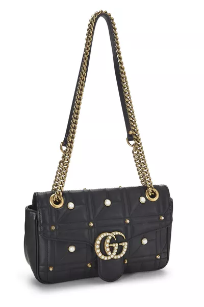 Black Leather & Faux Pearl GG Marmont Shoulder Bag Small, , large