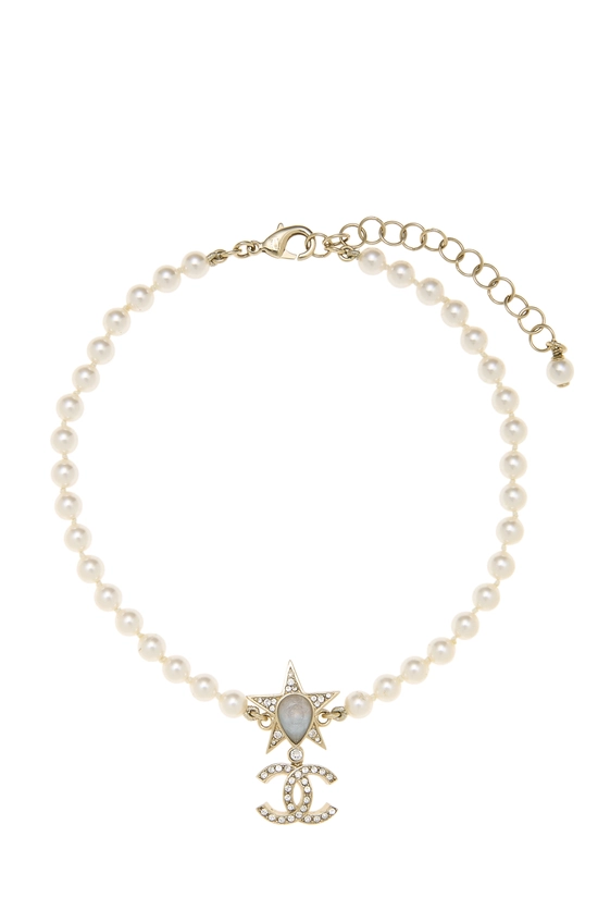 Gold Faux Pearl Crystal 'CC' Star Necklace, , large image number 0