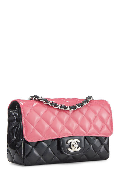 Pink & Black Quilted Patent Leather Rectangular Flap Mini, , large