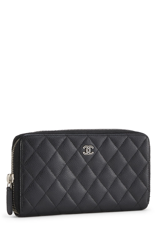 Black Quilted Caviar Zip Around Wallet, , large image number 1