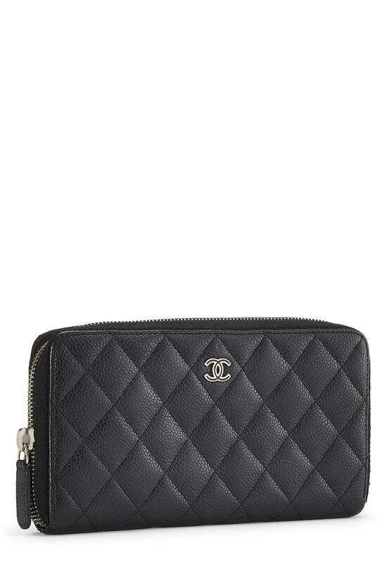 Black Quilted Caviar Zip Around Wallet, , large image number 1