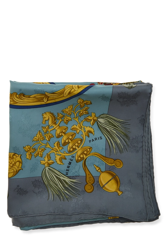 Blue & Multicolor 'Plumes et Grelots' Silk Scarf 90, , large image number 1