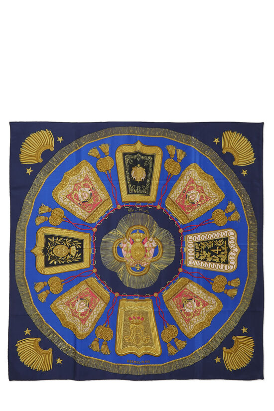 Blue & Multicolor 'Poste et Cavalerie' Silk Scarf 90, , large image number 1