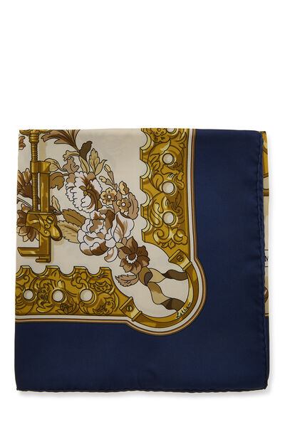 Navy & Multicolor 'Copeaux' Silk Scarf 90, , large