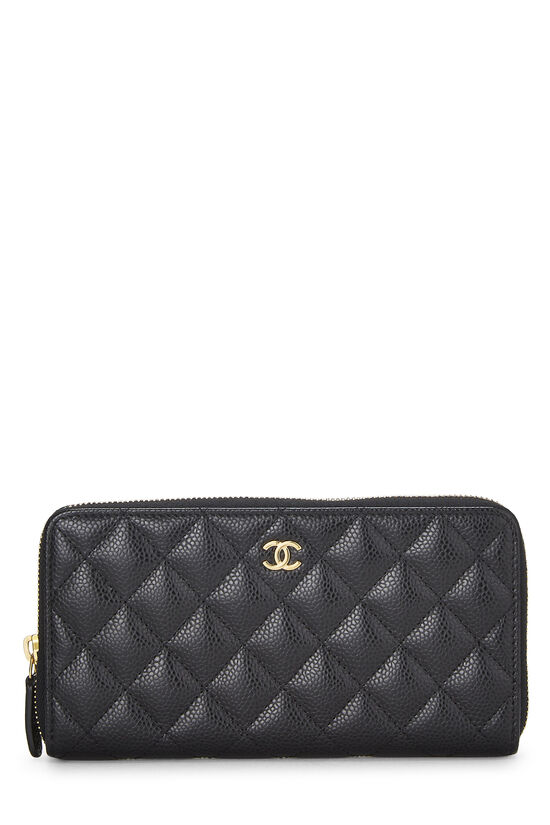 Black Quilted Caviar Zip Around Wallet, , large image number 0