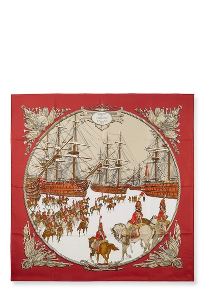 Red & Multicolor 'Marine et Cavalerie' Silk Scarf 90