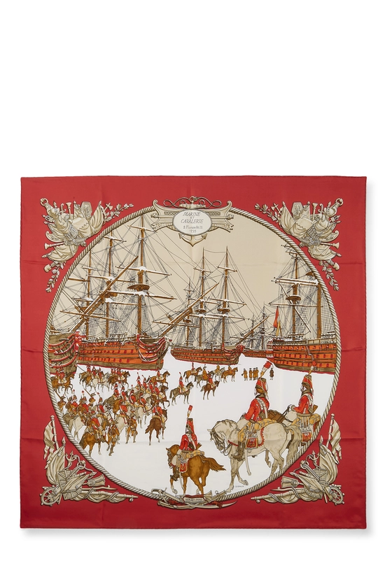 Red & Multicolor 'Marine et Cavalerie' Silk Scarf 90, , large image number 0