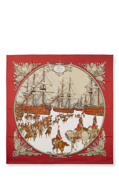 Red & Multicolor 'Marine et Cavalerie' Silk Scarf 90