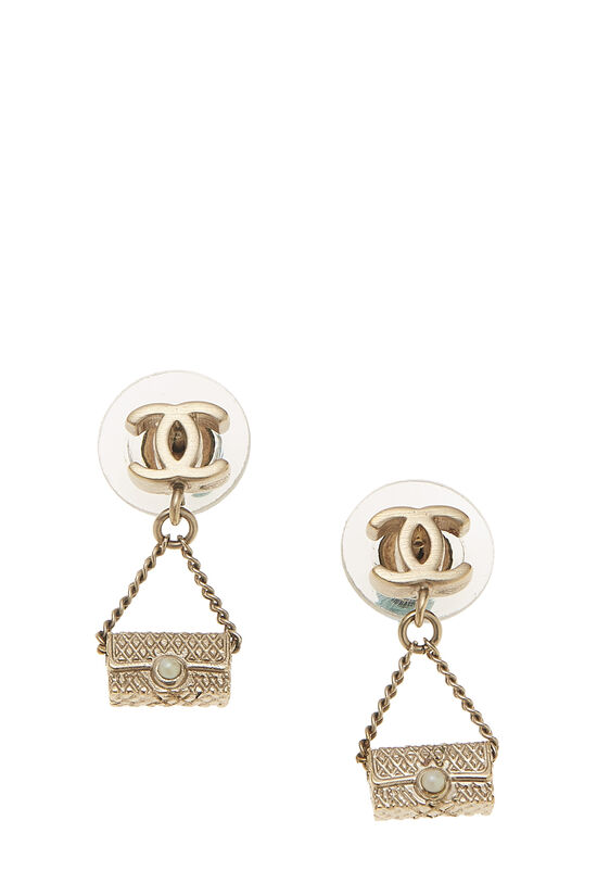 Chanel - Gold & Faux Pearl Dangle Flap Bag Earrings Small
