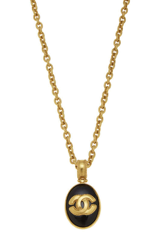 Gold & Black Enamel 'CC' Necklace, , large image number 1