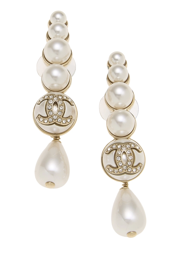 Gold 'CC' Faux Pearl Dangle Earrings, , large image number 0