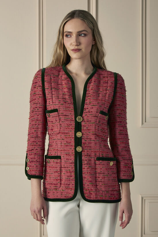 Pink Velvet-Trimmed Tweed Jacket, , large image number 0