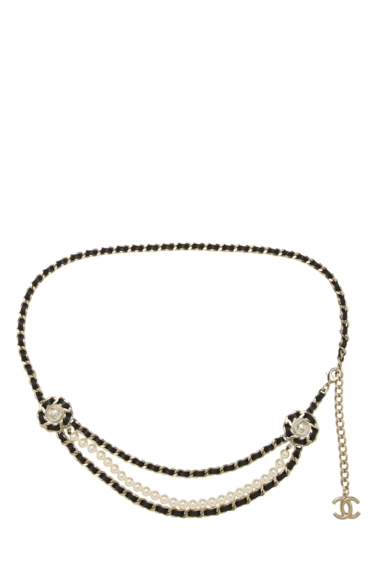 Gold & Black Faux Pearl Chain Belt 3, , large image number 0