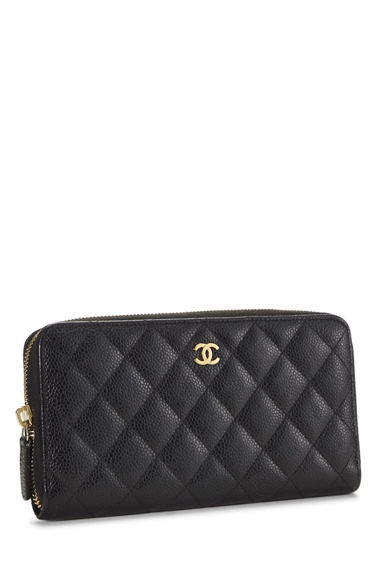 Black Quilted Caviar Zip Around Wallet, , large image number 1
