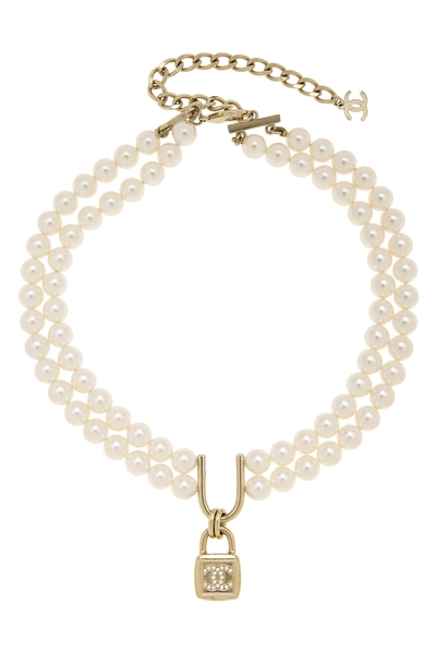 Gold Faux Pearl 'CC' Padlock Necklace