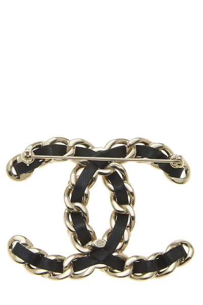 Black Leather & Faux Pearl Chain 'CC' Pin Large, , large