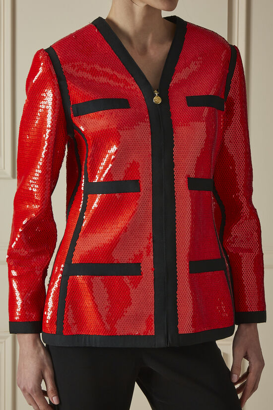 Red Sequined Collarless Zip Blazer, , large image number 2